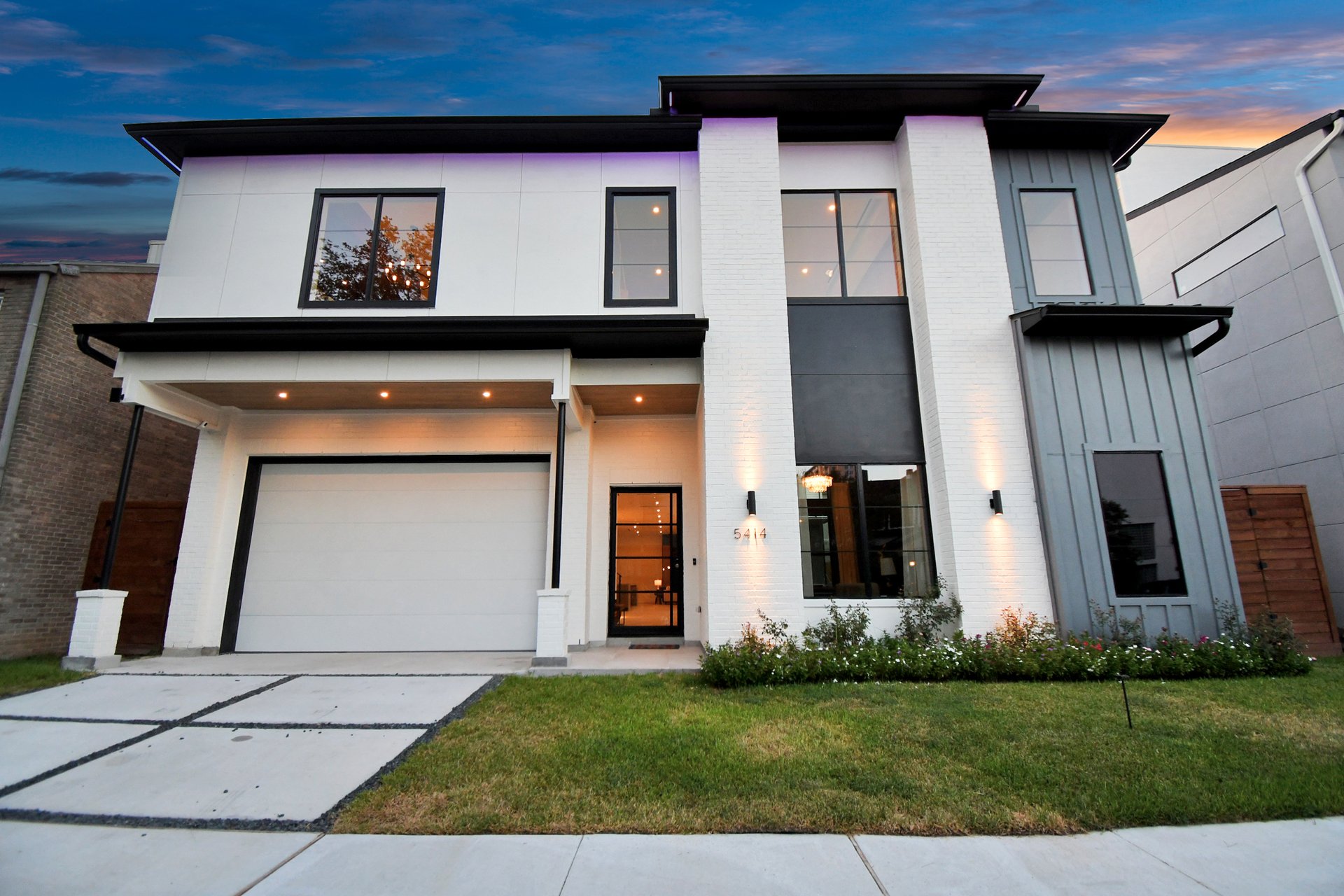 Villa exterior facade at twilight